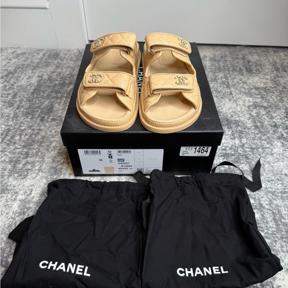 CHANEL Tan Sandals with Adjustable Straps and Flat Sole